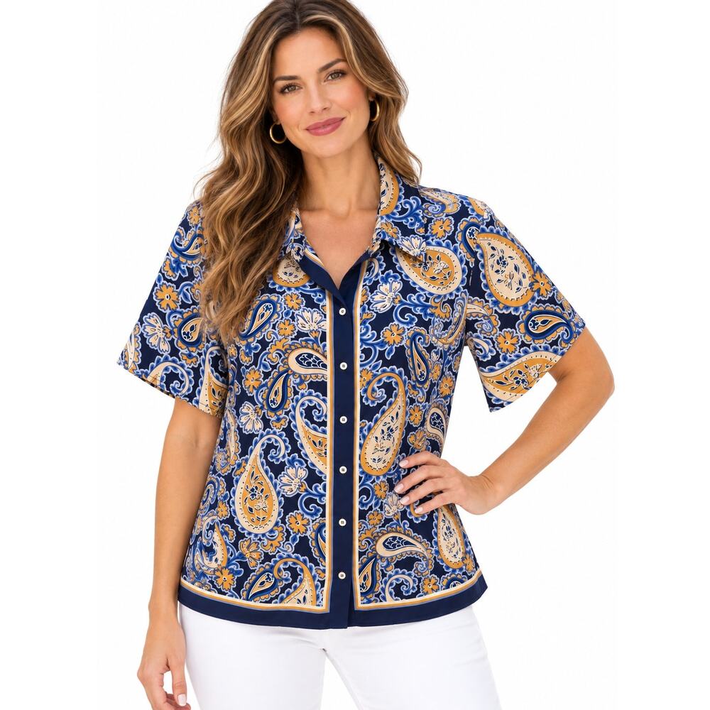 DR2 Paisley Satin Button Top Womens Medium Blue Yellow Colorful Daniel Rainn